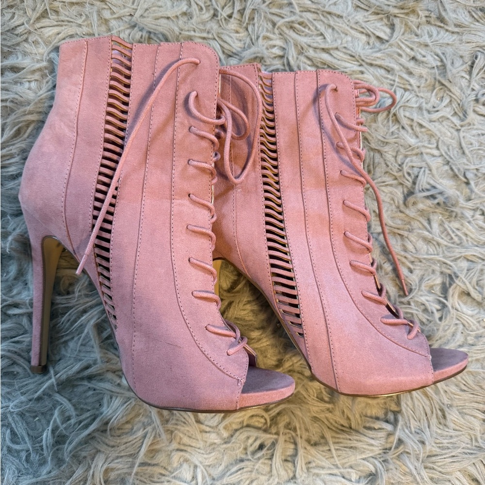 Elegant Pink Lace-Up Heeled Boots